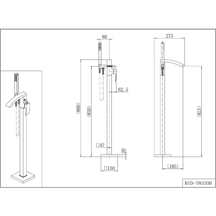 Black Freestanding Bath Shower Mixer Tap - Wave