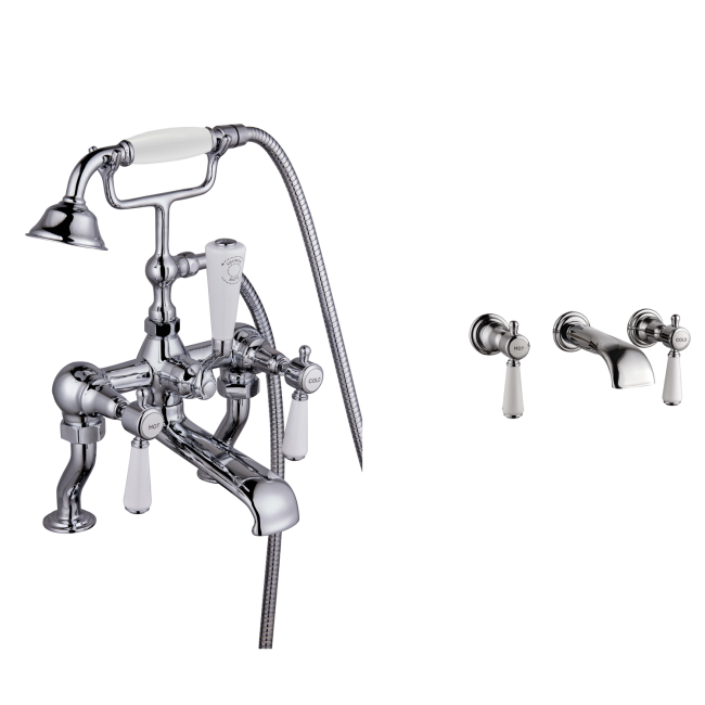 Chrome Bath Shower Mixer and Wall Mounted Basin Tap Set - Helston