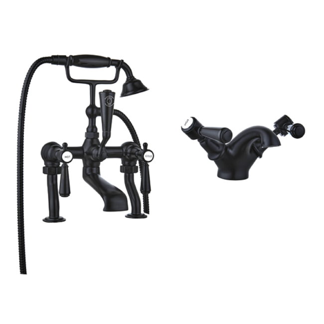 Black Bath Shower Mixer and Basin Tap Set - Helston