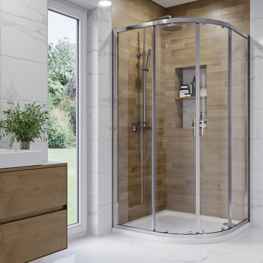 Chrome 6mm Glass Right Hand Offset Quadrant Shower Enclosure with Shower Tray 900x760mm - Carina