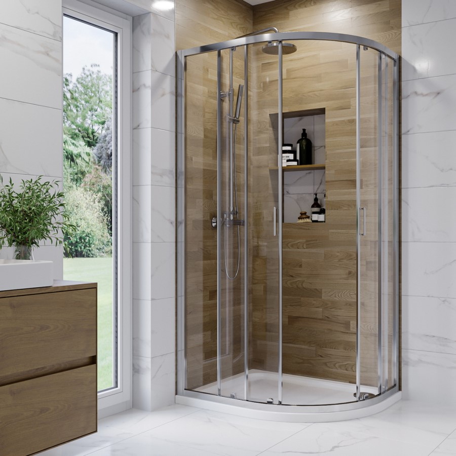 Chrome 6mm Glass Right Hand Offset Quadrant Shower Enclosure with Shower Tray 900x760mm - Carina