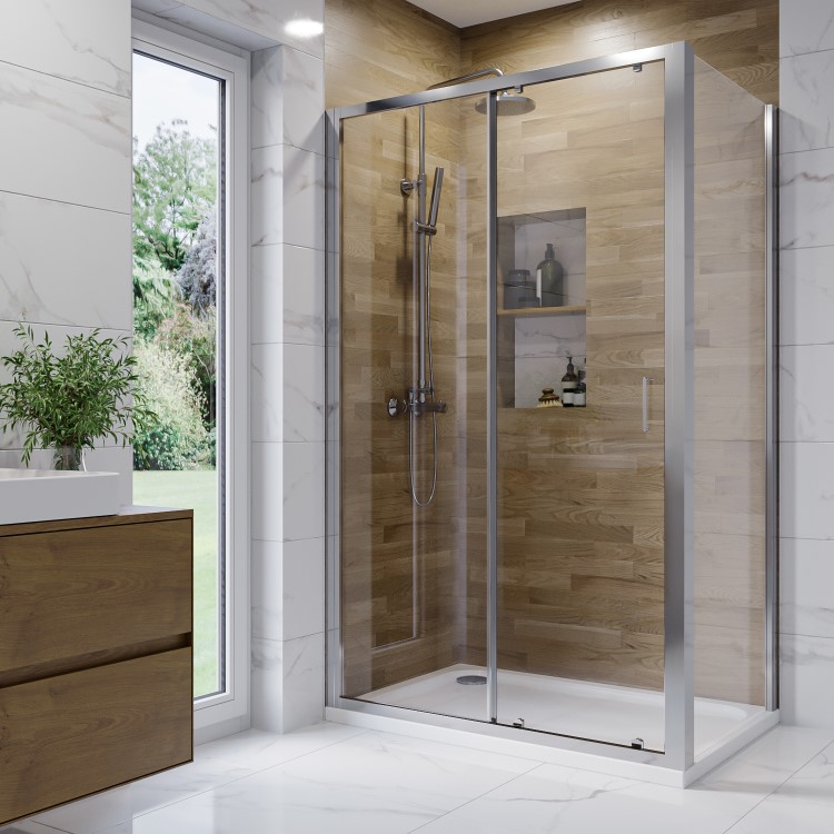 Chrome 6mm Glass Rectangular Sliding Shower Enclosure with Shower Tray 1400x900mm - Carina