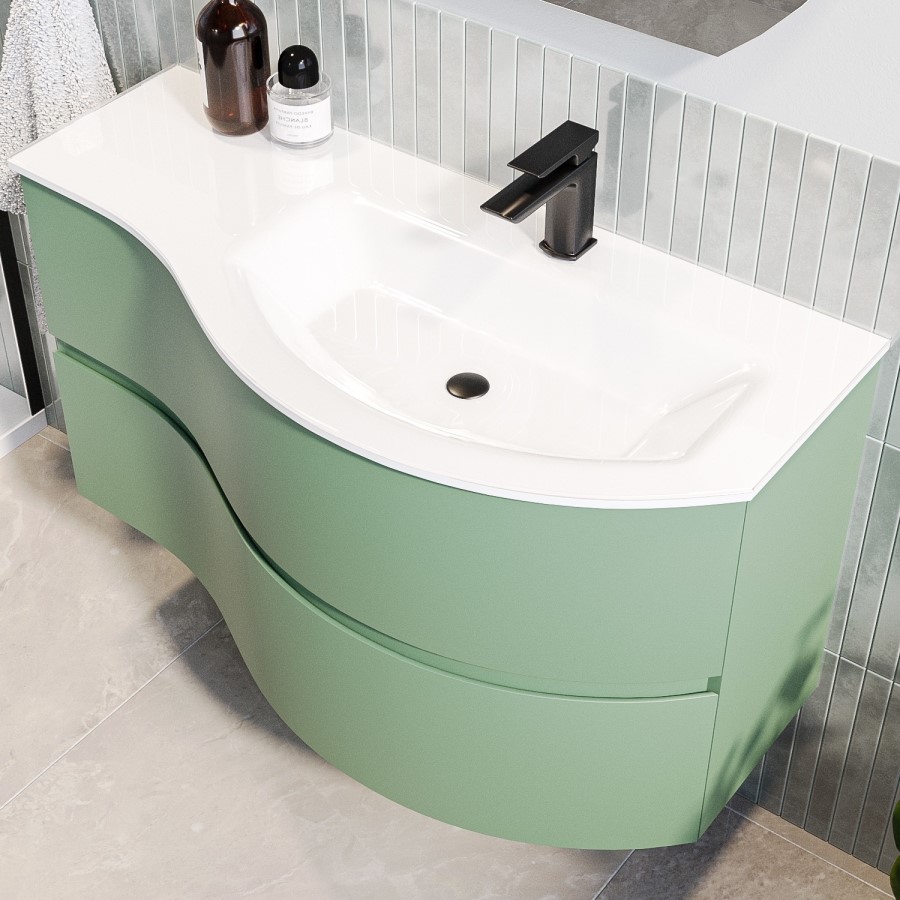 1000mm Green Wall Hung Right Hand Curved Vanity Unit with Basin  - Tulum