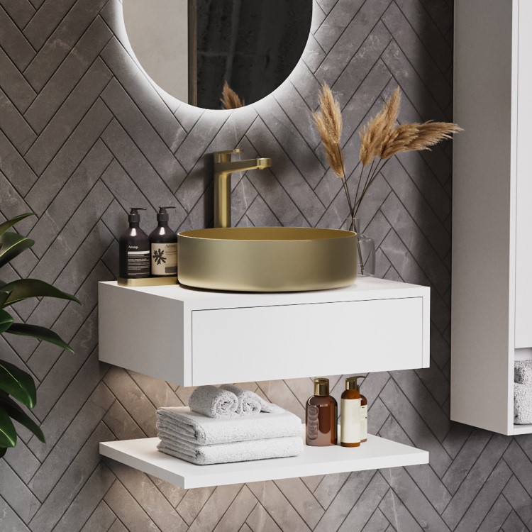 600mm White Wall Hung Countertop Vanity Unit with Brass Basin and Shelves - Lugo