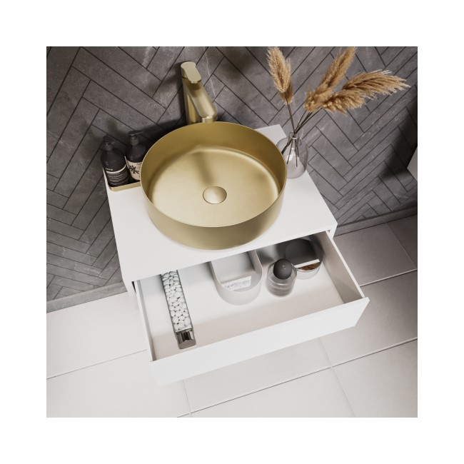 600mm White Wall Hung Countertop Vanity Unit with Brass Basin and Shelves - Lugo