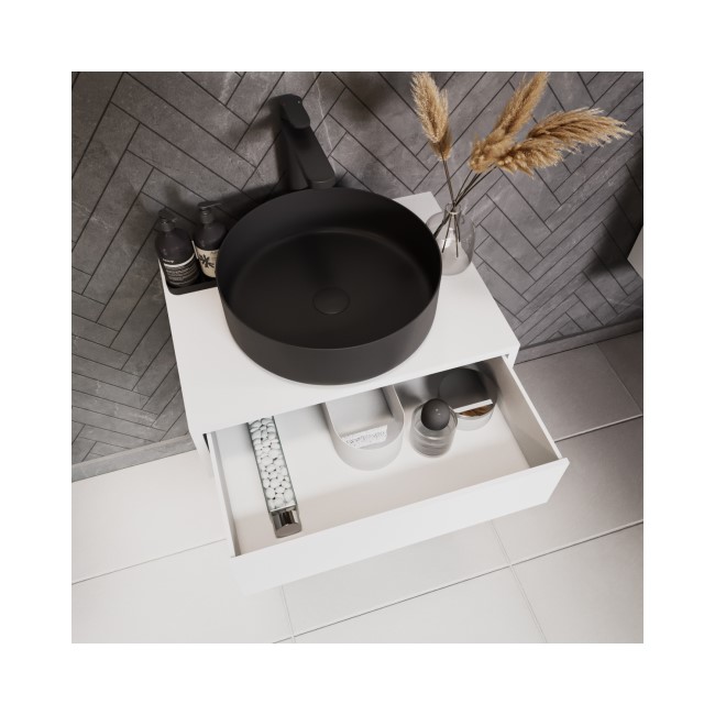 600mm White Wall Hung Countertop Vanity Unit with Black Basin and Shelf - Lugo