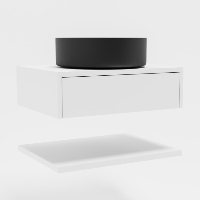 600mm White Wall Hung Countertop Vanity Unit with Black Basin and Shelf - Lugo