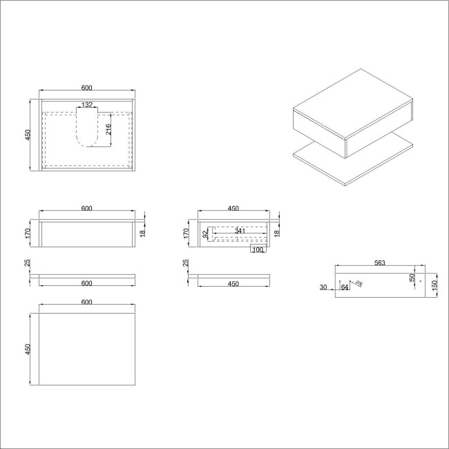 600mm White Wall Hung Countertop Vanity Unit with Black Basin and Shelf - Lugo