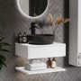 600mm White Wall Hung Countertop Vanity Unit with Black Marble Effect Basin and Shelves - Lugo