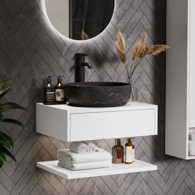 600mm White Wall Hung Countertop Vanity Unit with Black Marble Effect Basin and Shelves - Lugo