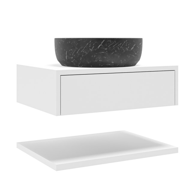 600mm White Wall Hung Countertop Vanity Unit with Black Marble Effect Basin and Shelves - Lugo