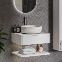 600mm White Wall Hung Countertop Vanity Unit with Stone Effect Basin and Shelf - Lugo