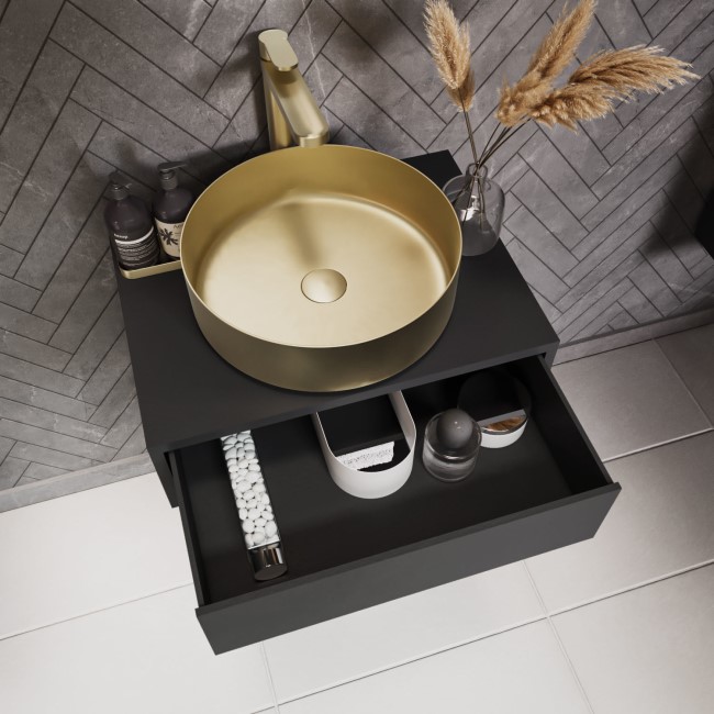 600mm Black Wall Hung Countertop Vanity Unit with  Brass Basin and Shelves - Lugo