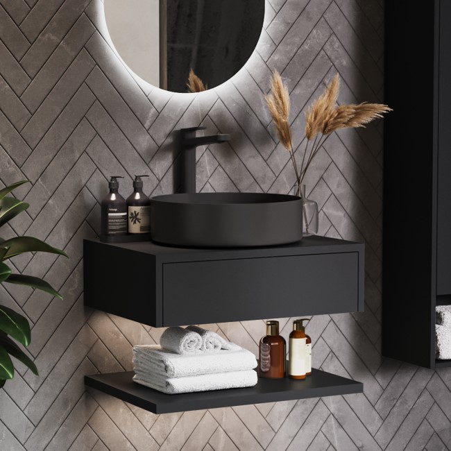 600mm Black Wall Hung Countertop Vanity Unit with Black Basin and Shelf  - Lugo