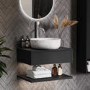 Grade A2 - 600mm Black Wall Hung Countertop Vanity Unit with White Marble Effect Basin and Shelves - Lugo