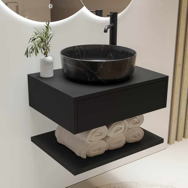 600mm Black Wall Hung Countertop Vanity Unit with Black Marble Effect Basin and Shelves - Lugo