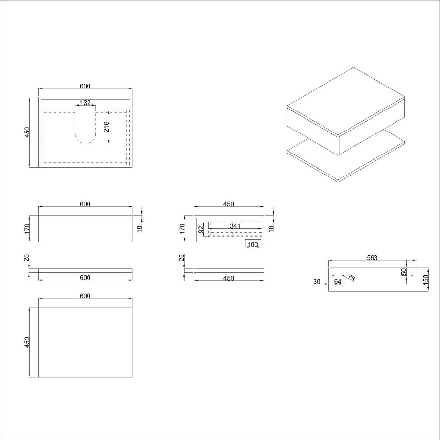 600mm Black Wall Hung Countertop Vanity Unit with White Marble Effect Basin and Shelves - Lugo