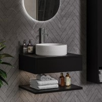 600mm Black Wall Hung Countertop Vanity Unit with Chevron Basin and Shelves - Lugo