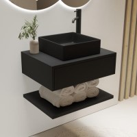 600mm Black Wall Hung Countertop Vanity Unit with Black Square Basin and Shelves - Lugo