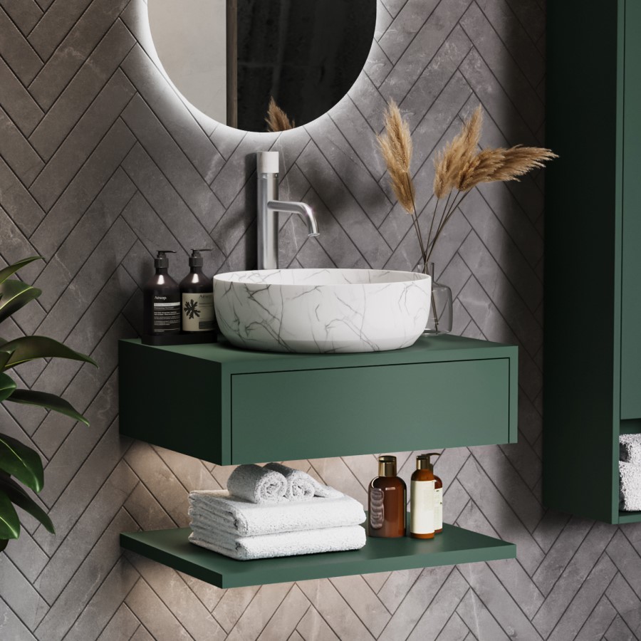 Grade A1 - 600mm Green Wall Hung Countertop Vanity Unit with White Marble Effect Basin and Shelves - Lugo