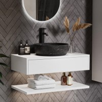 800mm White Wall Hung Countertop Vanity Unit with Black Marble Effect Basin and Shelves - Lugo