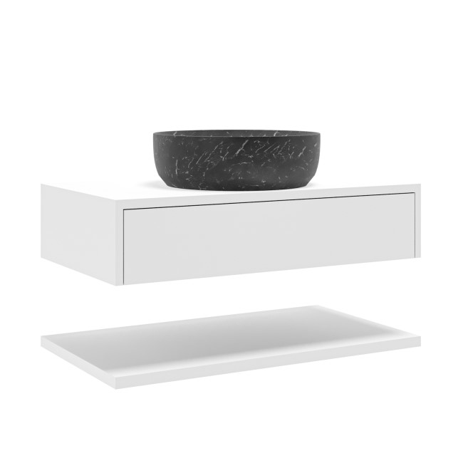 Grade A2 - 800mm White Wall Hung Countertop Vanity Unit with Black Marble Effect Basin and Shelves - Lugo