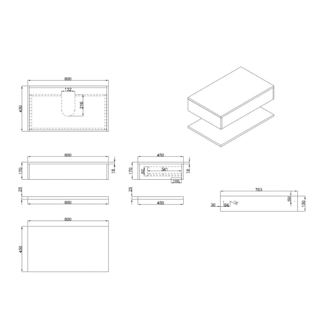 800mm White Wall Hung Countertop Vanity Unit with Black Square Basin and Shelf – Lugo