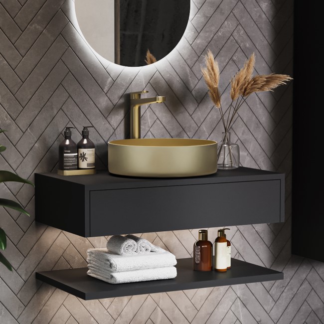 800mm Black Wall Hung Countertop Vanity Unit with Brass Basin and Shelves - Lugo