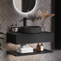 Grade A2 - 800mm Black Wall Hung Countertop Vanity Unit with Black Basin and Shelf - Lugo