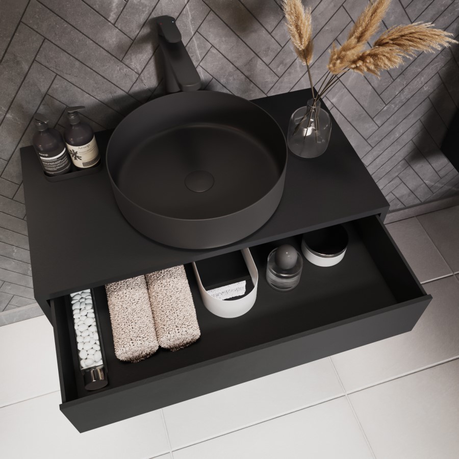 Grade A2 - 800mm Black Wall Hung Countertop Vanity Unit with Black Basin and Shelf - Lugo