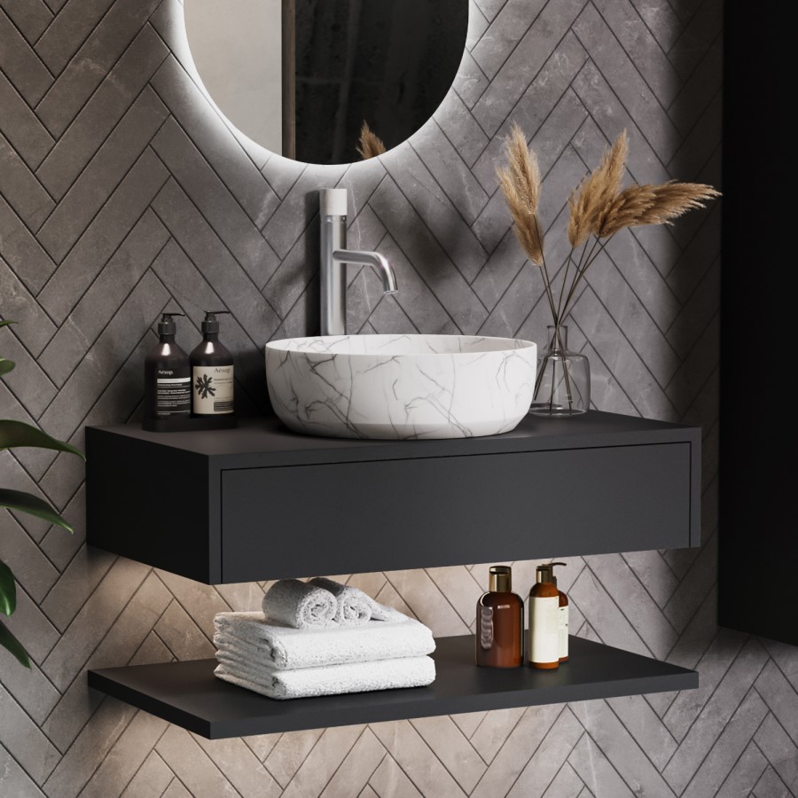 Grade A2 - 800mm Black Wall Hung Countertop Vanity Unit with White Marble Effect Basin and Shelves - Lugo