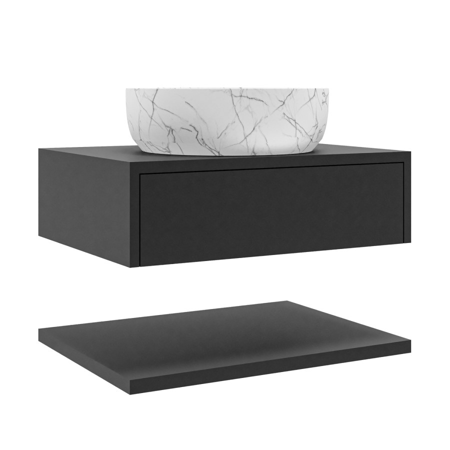 Grade A2 - 800mm Black Wall Hung Countertop Vanity Unit with White Marble Effect Basin and Shelves - Lugo