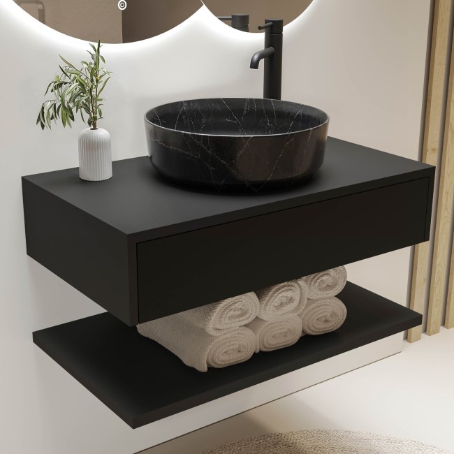 800mm Black Wall Hung Countertop Vanity Unit with Black Marble Effect Basin and Shelves - Lugo