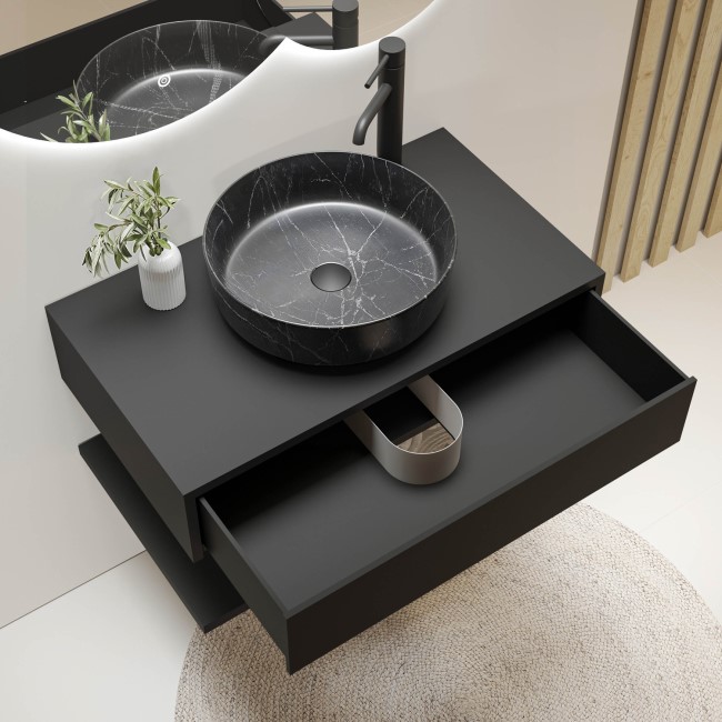 800mm Black Wall Hung Countertop Vanity Unit with Black Marble Effect Basin and Shelves - Lugo