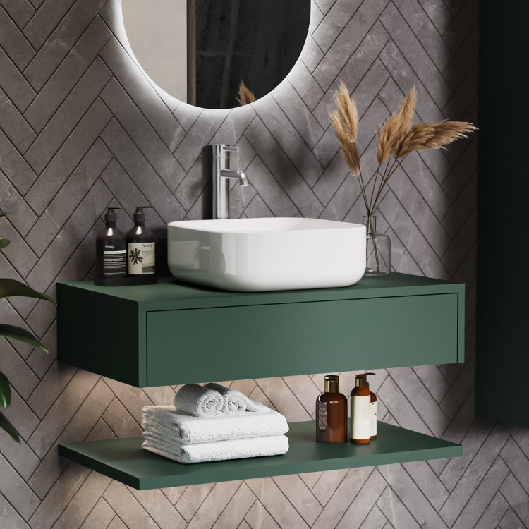 800mm Green Wall Hung Countertop Vanity Unit with Square Basin and Shelves - Lugo