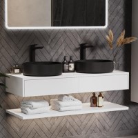 1200mm White Wall Hung Double Countertop Vanity Unit with Black Basins and Shelf - Lugo