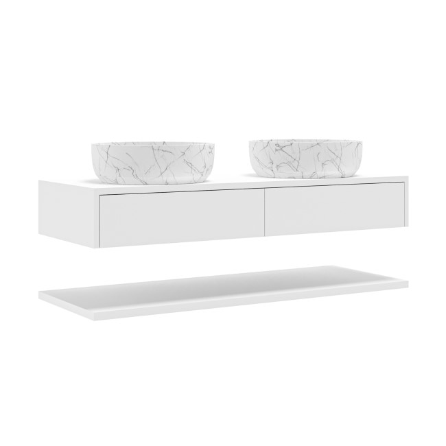 1200mm White Wall Hung Double Countertop Vanity Unit with White Marble Effect Basins and Shelves - Lugo