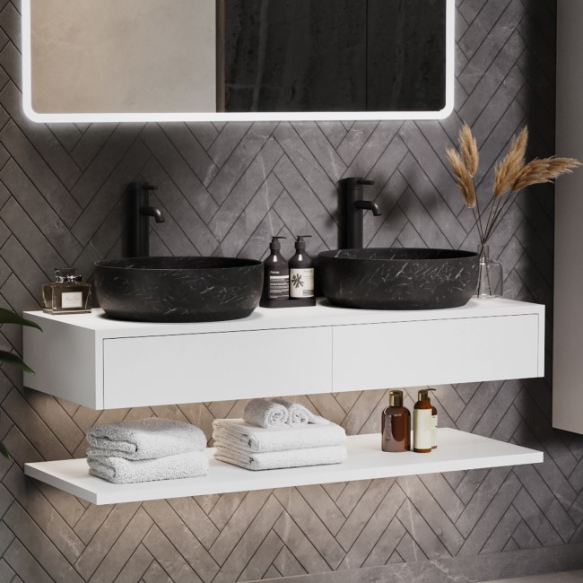 1200mm White Wall Hung Double Countertop Vanity Unit with Black Marble Effect Basins and Shelves - Lugo