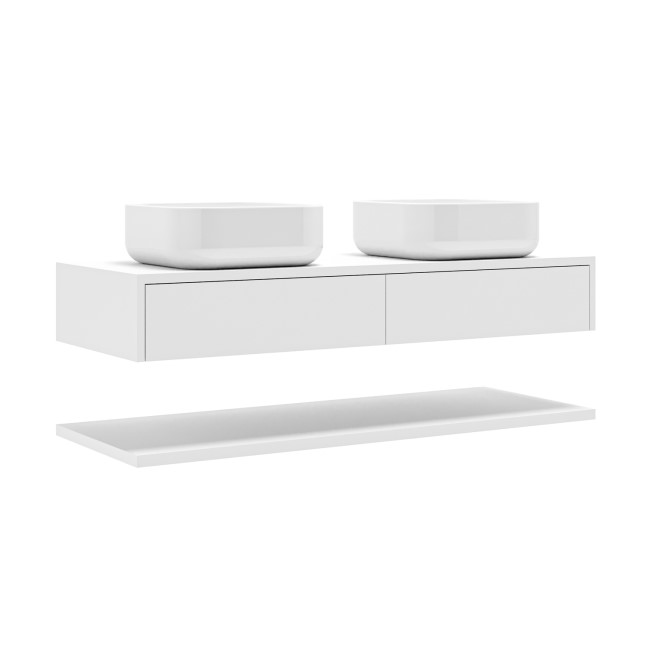 1200mm White Wall Hung Double Countertop Vanity Unit with Square Basins and Shelves - Lugo