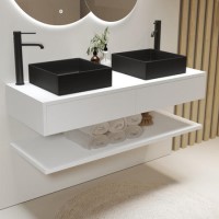 1200mm White Wall Hung Double Countertop Vanity Unit with Black Square Basin and Shelf – Lugo