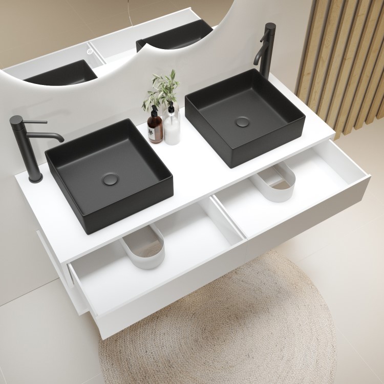 1200mm White Wall Hung Double Countertop Vanity Unit with Black Square Basin and Shelf – Lugo