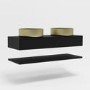 1200mm Black Wall Hung Double Countertop Vanity Unit with Brass Basins and Shelves - Lugo