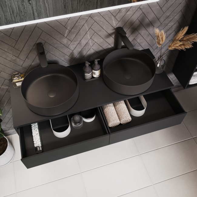 1200mm Black Wall Hung Double Countertop Vanity Unit with Black Basins and Shelf - Lugo