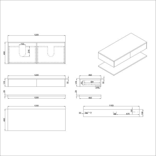 1200mm Black Wall Hung Double Countertop Vanity Unit with Black Basins and Shelf - Lugo