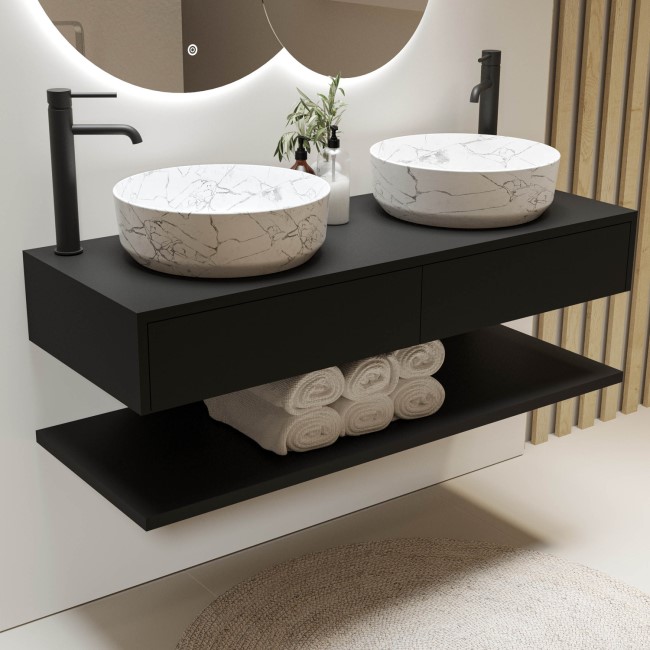 1200mm Black Wall Hung Double Countertop Vanity Unit with White Marble Effect Basins and Shelves - Lugo