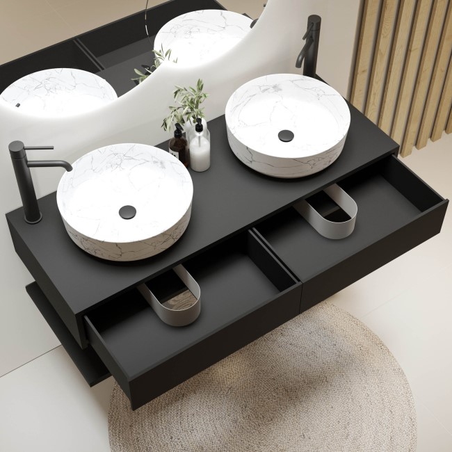 1200mm Black Wall Hung Double Countertop Vanity Unit with White Marble Effect Basins and Shelves - Lugo