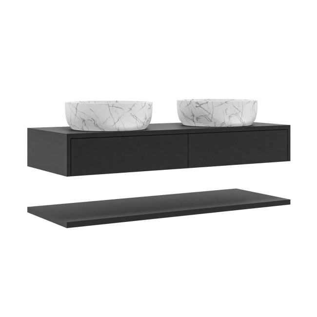 Grade A2 - 1200mm Black Wall Hung Double Countertop Vanity Unit with White Marble Effect Basins and Shelves - Lugo