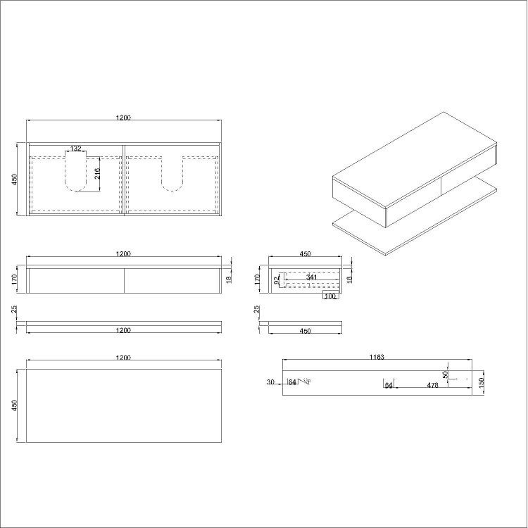 1200mm White Wall Hung Countertop Shelves - Lugo