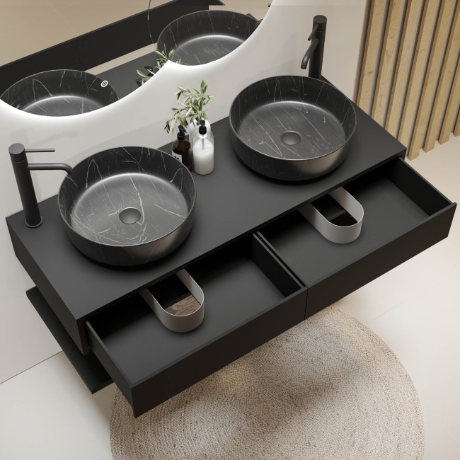 1200mm Black Wall Hung Double Countertop Vanity Unit with Black Marble Effect Basins and Shelves - Lugo