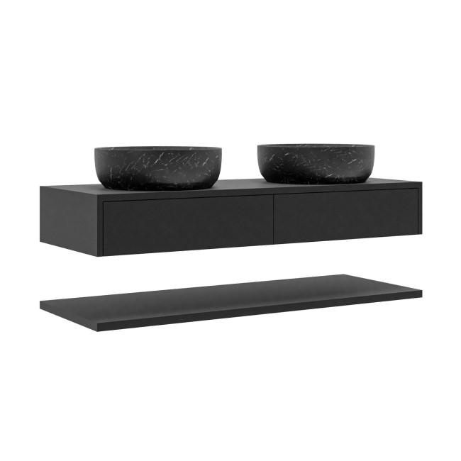 1200mm Black Wall Hung Double Countertop Vanity Unit with Black Marble Effect Basins and Shelves - Lugo